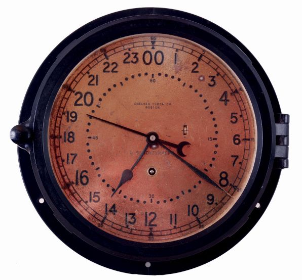 Chelsea Clock Co., Boston, Mass., 8 days, spring brass movement engine room wall timepiece, c1966
