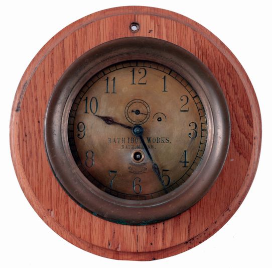 Boston Clock Co., Boston, Mass., 8 days, spring driven brass movement engine room wall timepiece, c1900, Serial No. 1998. Movement has a patent date of 1880.