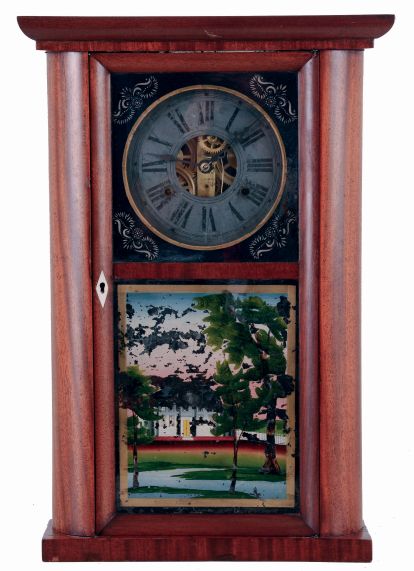 C. & N. Jerome, Bristol, Conn., mahogany round sided shelf clock with 30 hours, time and strike, brass weight driven movement, c1838.