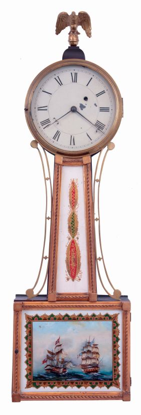 Massachusetts, unsigned 8 days weight driven brass movement banjo timepiece, c1825 The movement has characteristics of those made by Sawin & Dyar.