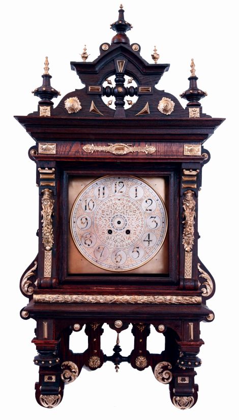 Lenzkirch, project clock, the clock case was badly damaged, but all the brass bits were intact, so a cabinet maker has carefully recreated this Gutsherrenuhr in oak, stained dark, and re-applied the original brass trimmings. C.2001