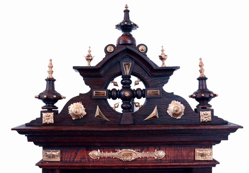 Lenzkirch, project clock, the clock case was badly damaged, but all the brass bits were intact, so a cabinet maker has carefully recreated this Gutsherrenuhr in oak, stained dark, and re-applied the original brass trimmings. C.2001
