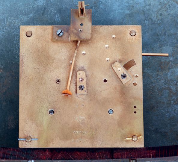 Lenzkirch, project clock, the clock case was badly damaged, but all the brass bits were intact, so a cabinet maker has carefully recreated this Gutsherrenuhr in oak, stained dark, and re-applied the original brass trimmings. C.2001