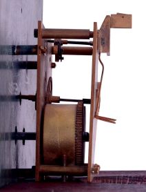 Lenzkirch, project clock, the clock case was badly damaged, but all the brass bits were intact, so a cabinet maker has carefully recreated this Gutsherrenuhr in oak, stained dark, and re-applied the original brass trimmings. C.2001