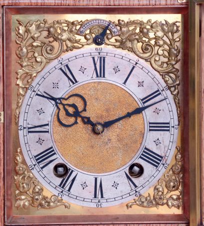 Lenzkirch, Germany, bracket clock, oak case of architectural form with carved and applied ornament, composite dial with Roman numeral silvered chapter ring and gilt spandrels, blued steel hands, 8 days time and strike movement with ting tang quarters on two gongs, serial #1358164