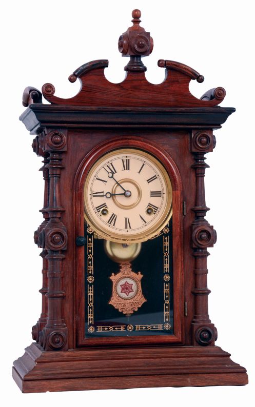 Welch, Spring & Co., Forestville, Conn., "Cary, V.P." 8 days, time and strike, spring driven brass movement shelf clock with alterations, c1880