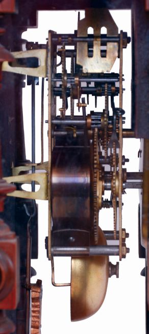 Welch, Spring & Co., Forestville, Conn., "Cary, V.P." 8 days, time and strike, spring driven brass movement shelf clock with alterations, c1880