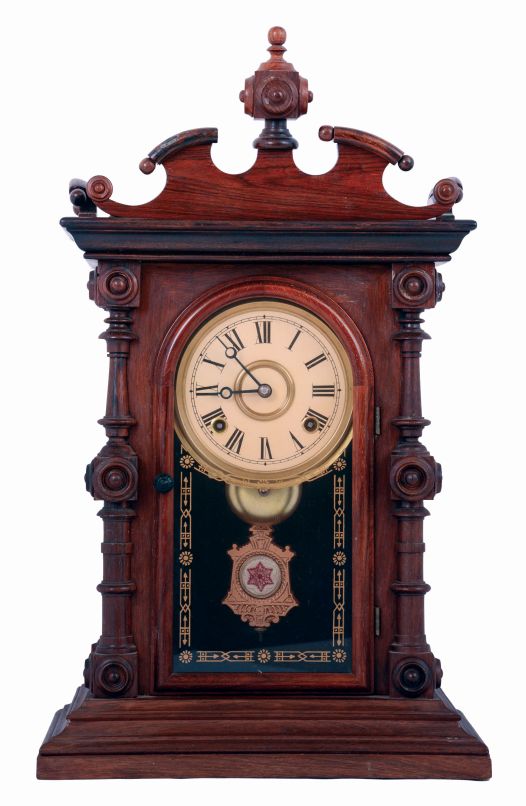 Welch, Spring & Co., Forestville, Conn., "Cary, V.P." 8 days, time and strike, spring driven brass movement shelf clock with alterations, c1880