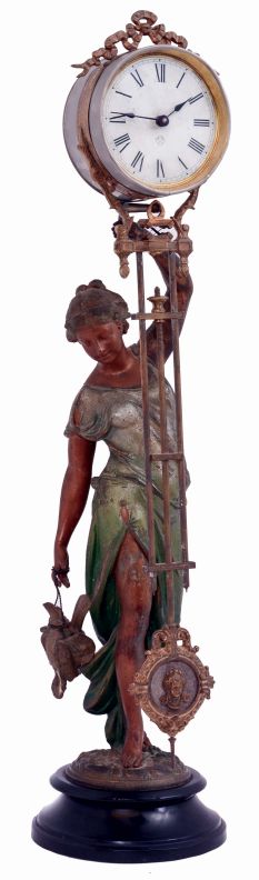 Ansonia, "Huntress" model swinging arm mystery clock, canister style arm, c1893, with restorations, and later statue.