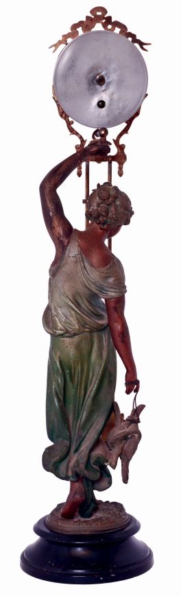 Ansonia, "Huntress" model swinging arm mystery clock, canister style arm, c1893, with restorations, and later statue.