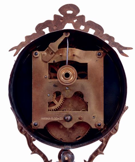 Ansonia, "Huntress" model swinging arm mystery clock, canister style arm, c1893, with restorations, and later statue.
