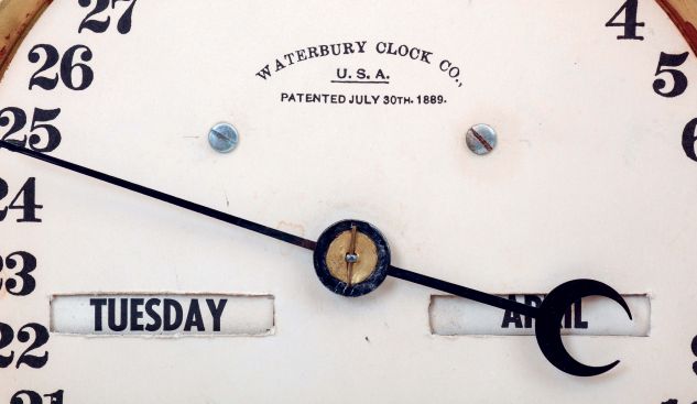 Waterbury Clock Co., Waterbury, Conn., "Calendar No. 43", 8 days, time and strike, spring driven brass movement double dial calendar clock, c1912