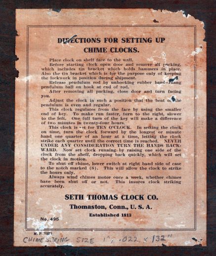 Seth Thomas Clock Co., Thomaston, Conn., "Sonora Chime Clock No. 51" in an oak case with an 8 days, spring driven, time and strike movement and a 4 bell Sonora chime unit, c1913.