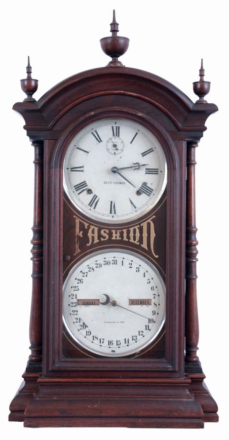 Seth Thomas Clock Co., Thomaston, Conn., "Fashion No. 8", 8 days, time and strike spring driven brass movement double dial calendar clock, c1880
