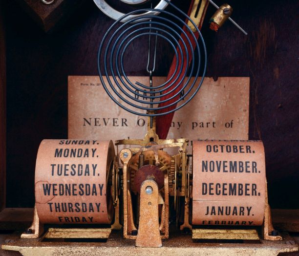 Seth Thomas Clock Co., Thomaston, Conn., "Fashion No. 8", 8 days, time and strike spring driven brass movement double dial calendar clock, c1880