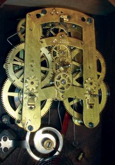 Seth Thomas Clock Co., Thomaston, Conn., "Fashion No. 8", 8 days, time and strike spring driven brass movement double dial calendar clock, c1880