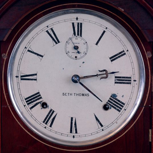 Seth Thomas Clock Co., Thomaston, Conn., "Fashion No. 8", 8 days, time and strike spring driven brass movement double dial calendar clock, c1880
