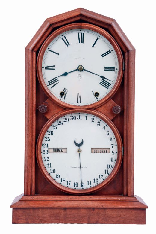 Seth Thomas Clock Co., Thomaston, Conn., "Parlor Calendar No. 5", 8 days, time and strike, spring driven brass movement double dial calendar clock, c1886