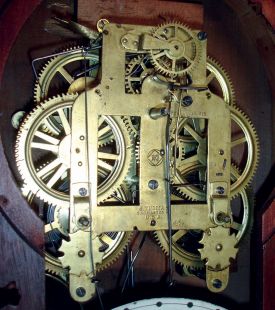 Seth Thomas Clock Co., Thomaston, Conn., "Parlor Calendar No. 5", 8 days, time and strike, spring driven brass movement double dial calendar clock, c1886