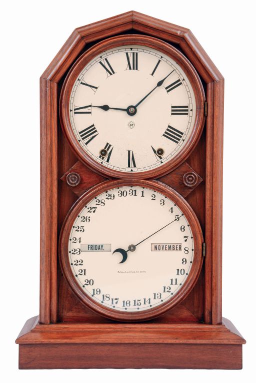 Seth Thomas Clock Co., Thomaston, Conn., "Parlor Calendar No. 5", 8 days, time and strike, spring driven brass movement double dial calendar clock, c1884
