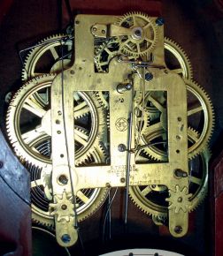 Seth Thomas Clock Co., Thomaston, Conn., "Parlor Calendar No. 5", 8 days, time and strike, spring driven brass movement double dial calendar clock, c1884