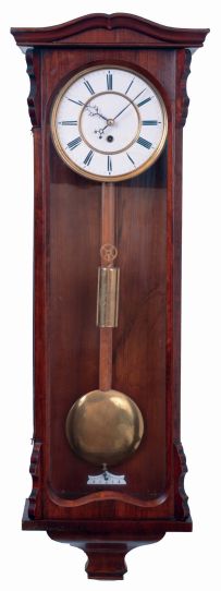 German, single weight "Viennese" timepiece in a slender mahogany case, the movement with Harrisons style maintaining power, and bearing serial #10246, c1870