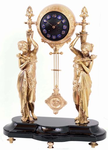 Blot & Drouard, Paris, French cast metal double figure, 8 days, time and strike mantel clock, Japy Freres Medaille D