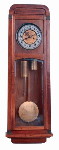 Junghans, Germany, walnut, time and strike, weight driven Vienna regulator wall clock, engraved pendulum and weights, c1920