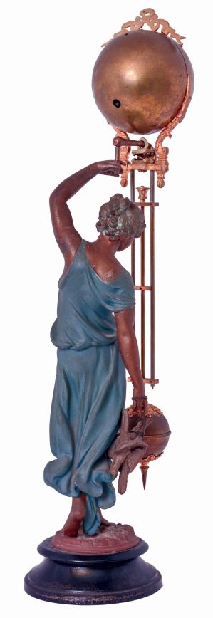 Ansonia Clock Co., New York, NY, "HUNTRESS" swinging arm novelty timepiece, ball style, c,1895 on later patinated metal statue