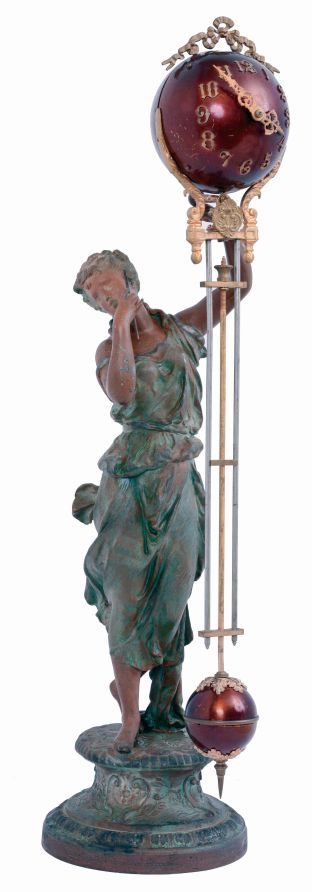 Ansonia Clock Co., New York, NY, "JUNO" swinging arm clock, with long arm ball & signed movement, c1895, on a later statue