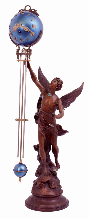 Asian, modern copy of large French Swing clock, figure of winged male, running with a torch in his outstretched right arm, c1995