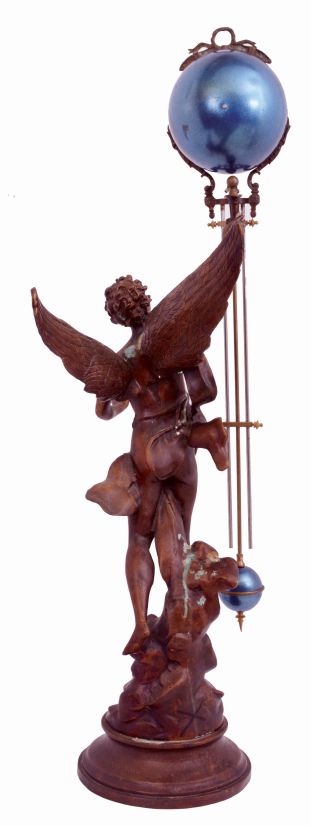 Asian, modern copy of large French Swing clock, figure of winged male, running with a torch in his outstretched right arm, c1995
