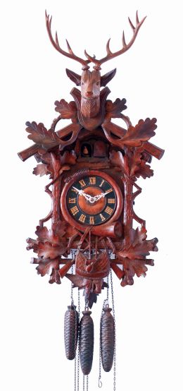 German, for Breitinger & Sons, Philadelphia, large cuckoo and quail 3-weight, 30 hours, carved walnut wall clock, wood-plate movement, c1870
