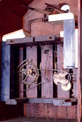 German, for Breitinger & Sons, Philadelphia, large cuckoo and quail 3-weight, 30 hours, carved walnut wall clock, wood-plate movement, c1870