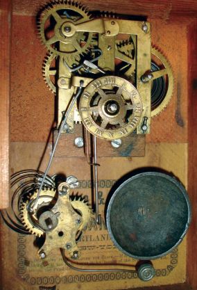 Terhune and Edwards, New York, 30 hours, time and alarm, spring driven brass movement lyre front shelf clock, c1855