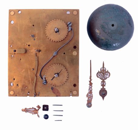 European bracket clock, mahogany and mahogany veneer oak case in the Regency style, gilt brass bracket feet, brass stringing and molding, engine turned gilt bezel with Roman numeral silvered dial, the matted, gilt center with silvered plaque signed "Jan Van Dijk Amsterdam", and also with painted moon phase disc, 15 day rectangular brass, time and strike movement with verge escapement, five turned baluster pillars, pierced steel warning and locking levers, movement early 18th century, case early 19th century