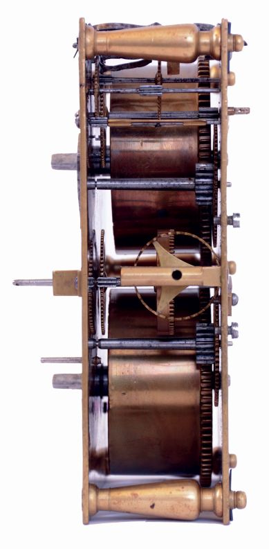 European bracket clock, mahogany and mahogany veneer oak case in the Regency style, gilt brass bracket feet, brass stringing and molding, engine turned gilt bezel with Roman numeral silvered dial, the matted, gilt center with silvered plaque signed "Jan Van Dijk Amsterdam", and also with painted moon phase disc, 15 day rectangular brass, time and strike movement with verge escapement, five turned baluster pillars, pierced steel warning and locking levers, movement early 18th century, case early 19th century