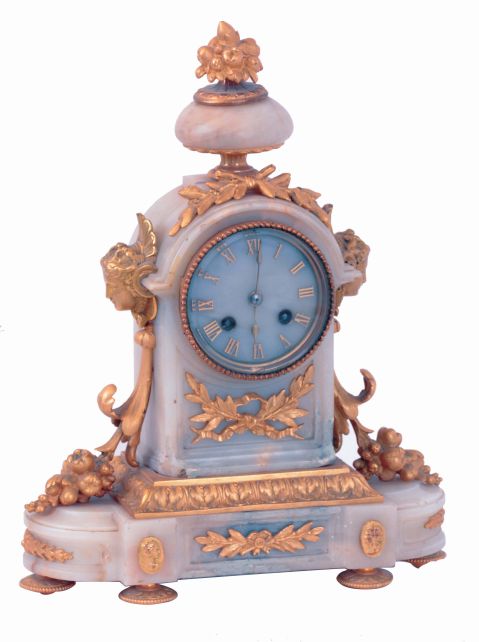 France, white onyx mantel clock with good quality gilt bronze mounts, dial also in stone and with applied, gilt Roman numerals, gilt spade hands, 8 days, time and strike movement, c1880
