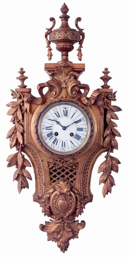 France, cartel clock, gilt bronze case with foliate ornament, Roman numeral white enamel dial, blued steel hands, 8 days, time and strike, pendule a Paris movement signed Mougin, c1890