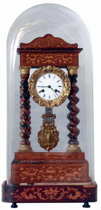 French, Japy Freres, 8 days, time and strike, spring driven brass movement 4-column Empire or Portico Mantel Clock, c1900