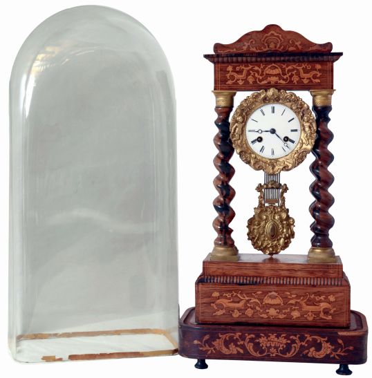 French, Japy Freres, 8 days, time and strike, spring driven brass movement 4-column Empire or Portico Mantel Clock, c1900
