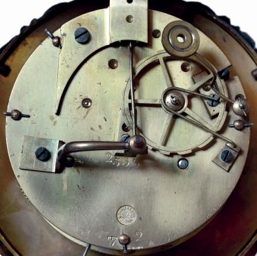 French, Japy Freres, 8 days, time and strike, spring driven brass movement 4-column Empire or Portico Mantel Clock, c1900