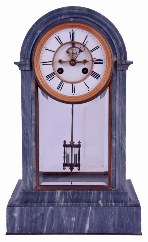 France, mantel clock, the blue-gray marble case with domed top, case front and back with beveled glasses, Roman numeral white enamel dial with sunk center and visible Brocot escapement, blued steel Breguet style hands, two vial mercury pendulum, 8 days, time and strike, pendule a Paris movement, signed Marti, c1880
