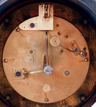France, mantel clock, the blue-gray marble case with domed top, case front and back with beveled glasses, Roman numeral white enamel dial with sunk center and visible Brocot escapement, blued steel Breguet style hands, two vial mercury pendulum, 8 days, time and strike, pendule a Paris movement, signed Marti, c1880
