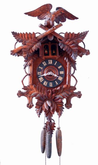 German, for Swiss Clock Company, New York, large carved walnut 3-weight wall clock with music box and seated lady in second door, c1890