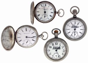 Pocket watches- 4 (Four): 18 size Swiss "Engine Special", Arabic numeral white enamel dial, silverode open face case, 18 size Swiss "Railway Time Keeper", Roman numeral white enamel dial, silveroid open face case, James Graham, Carrickfergus, lever fusee, Roman numeral white enamel dial, sterling silver hunting case, 18 size Swiss for James Russel & Co., Hartford, Ct., Roman numeral white enamel dial, silver hunting case, together with two wooden watch hutches
