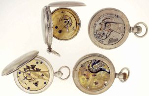 Pocket watches- 4 (Four): 18 size Swiss "Engine Special", Arabic numeral white enamel dial, silverode open face case, 18 size Swiss "Railway Time Keeper", Roman numeral white enamel dial, silveroid open face case, James Graham, Carrickfergus, lever fusee, Roman numeral white enamel dial, sterling silver hunting case, 18 size Swiss for James Russel & Co., Hartford, Ct., Roman numeral white enamel dial, silver hunting case, together with two wooden watch hutches