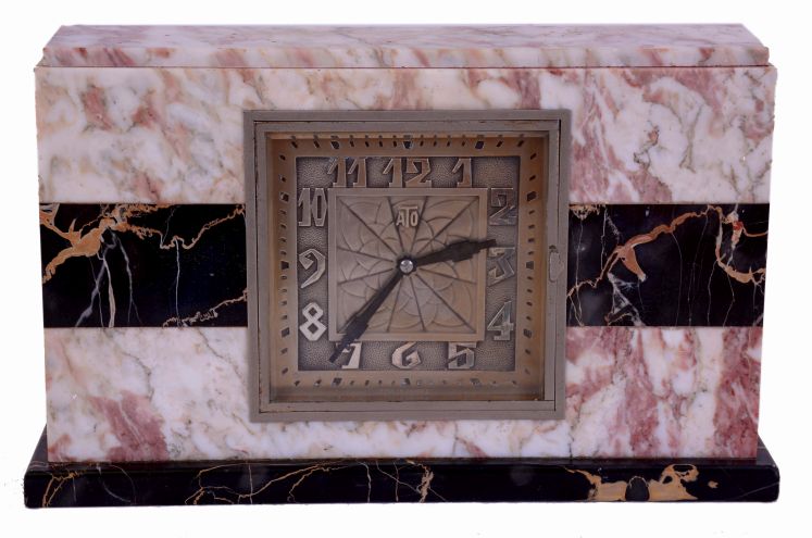 ATO, France, mantel clock, rectilinear Art Deco case constructed of Rosa Norvegia and Portoro marbles, square, Arabic numeral metal dial, steel hands, brass movement marked in part "Leon Hatot Fabricants Paris", c1930