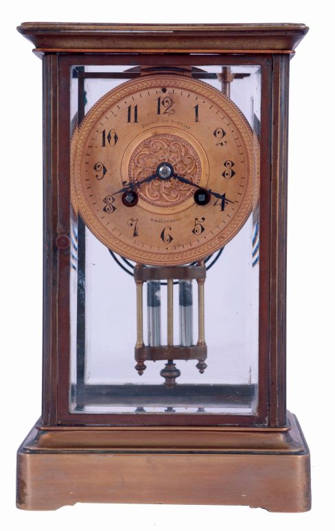 French, Marti & Cie, 8 days, time and strike, spring driven brass movement crystal regulator mantel clock, c1900
