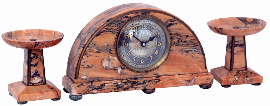 ATO Hatot French electro-mechanical marble mantel clock with pair of urn garnitures, c1925